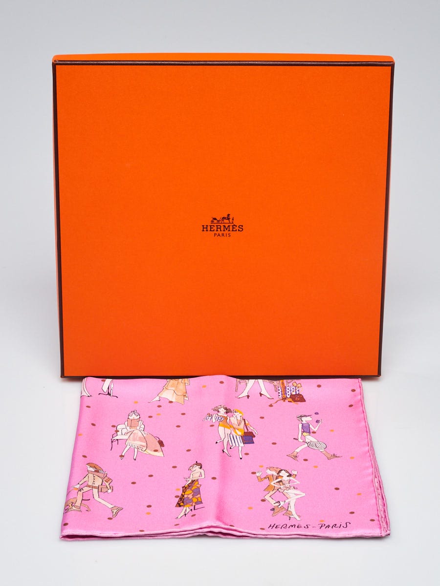 エルメス カレ 40 スカーフ LESPARISIENNES DE KIRAZ Hermes Pink Printed Silk Les Parisiennes de Kiraz Pocket Square
