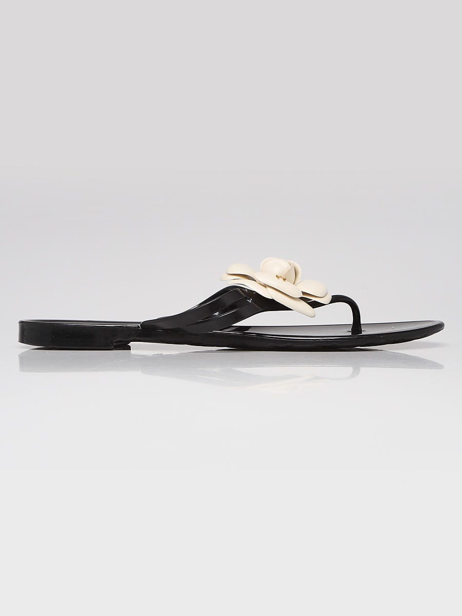 Chanel Black Rubber Camellia Flower Thong Sandals Size 8.5/39 - Yoogi's  Closet