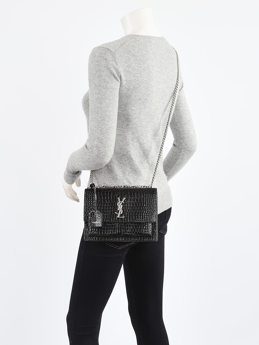 Yves Saint Laurent Black Crocodile Embossed Leather Medium