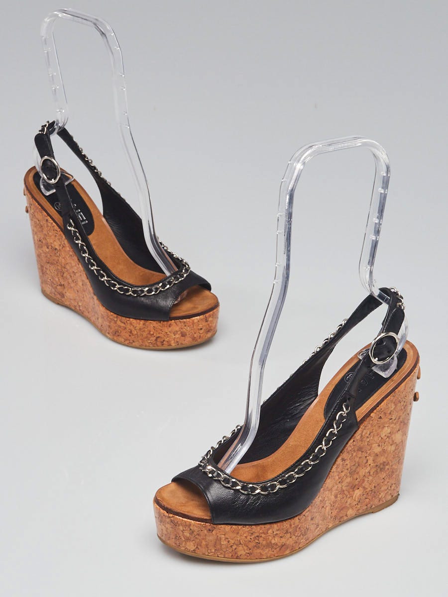 Chanel 20C CC Chain Wicker Platform Wedge Sandals Black Leather Size 395  NEW  eBay
