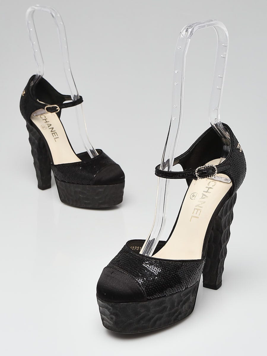 Chanel Black Sequin and Satin Platform Ankle Wrap Pumps Size 6/36.5 -  Yoogi's Closet