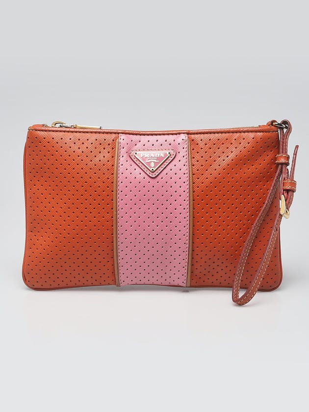 Prada Orange/Pink Perforated Leather Wristlet Clutch Bag