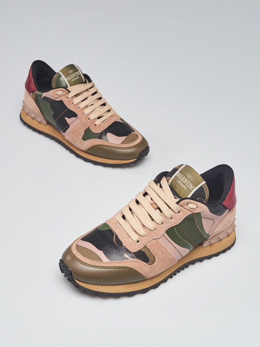 Valentino Camo Print Leather Suede Rockstud Sneakers Size 5/35.5 - Yoogi's Closet