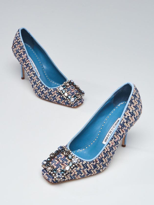 Manolo Blahnik Blue/Beige Tweed Crystal Vazza 90 Pumps Size 5/35.5