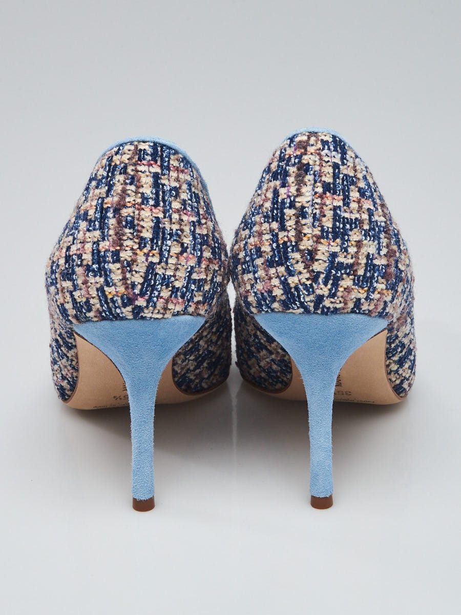 Manolo Blahnik Blue/Beige Tweed Crystal Vazza 90 Pumps Size 5/35.5 