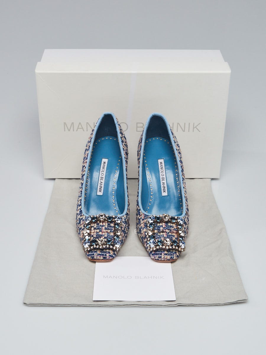 Manolo Blahnik Blue/Beige Tweed Crystal Vazza 90 Pumps Size 5/35.5 |  Yoogi's Closet