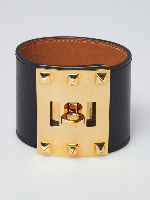 Hermes Black Swift Leather Gold Plated Kelly Dog Extreme Bracelet Size S