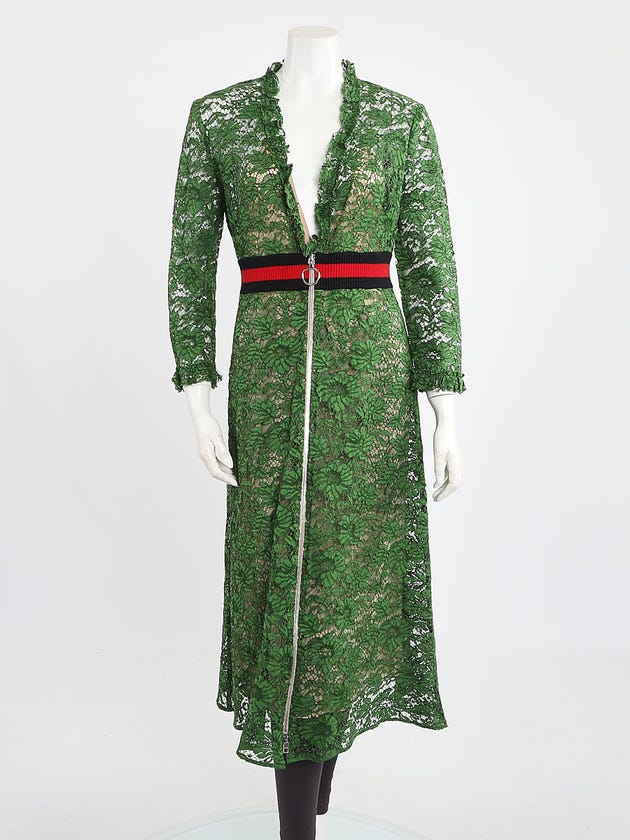 Gucci Green Lace Zip Front Long Sleeve Dress Size 10/44 | Yoogi's Closet Gucci Green Lace Zip Front Long Sleeve Dress Size 10/44 | Yoogi's Closet