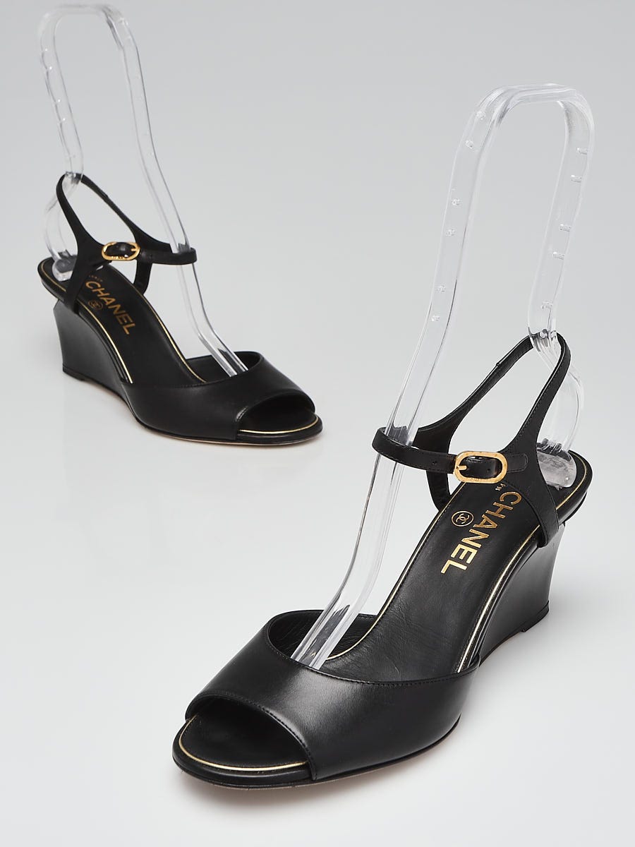 Chanel Black Leather Pearl Heel Wedge Open Toe Sandals Size 7.5/38 -  Yoogi's Closet