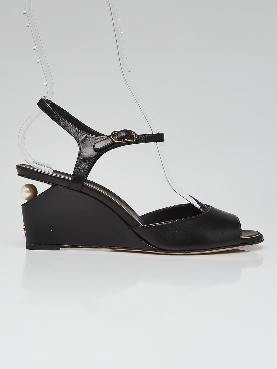Chanel Black Leather Pearl Heel Wedge Open Toe Sandals Size