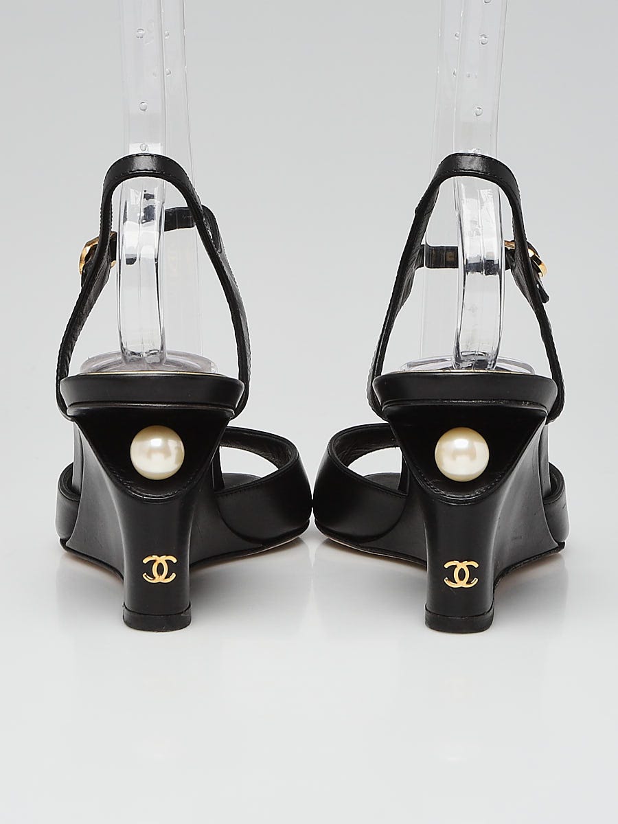 Chanel Black Leather Pearl Heel Wedge Open Toe Sandals Size