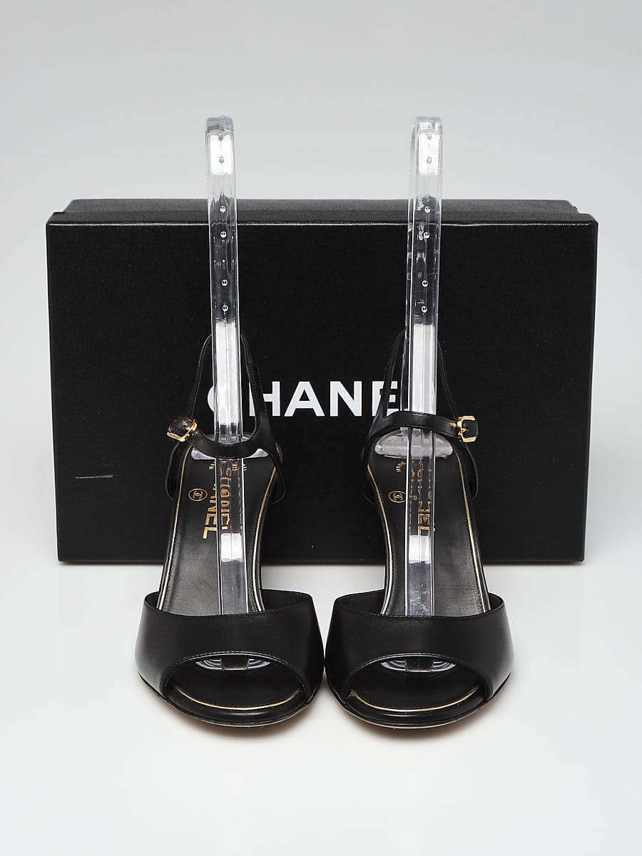 CHANEL 黒 レザー ミュール Chanel Black Leather Pearl Heel Wedge Open Toe Sandals Size