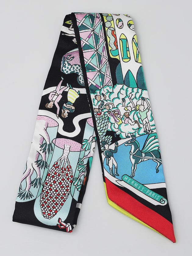 Hermes Noir/Vert/Rose Printed Silk Exposition Universelle Twilly
