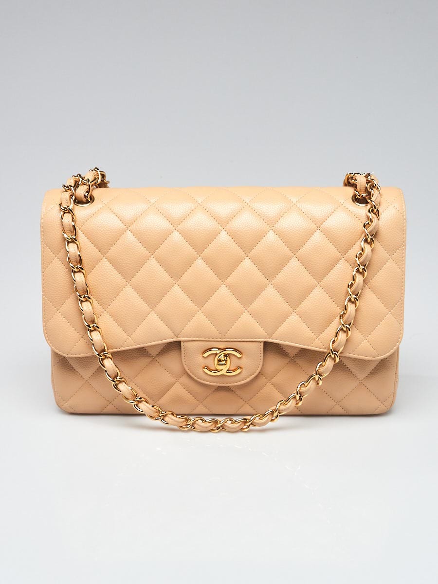 Chanel Beige Clair Quilted Caviar Leather Classic Jumbo Double