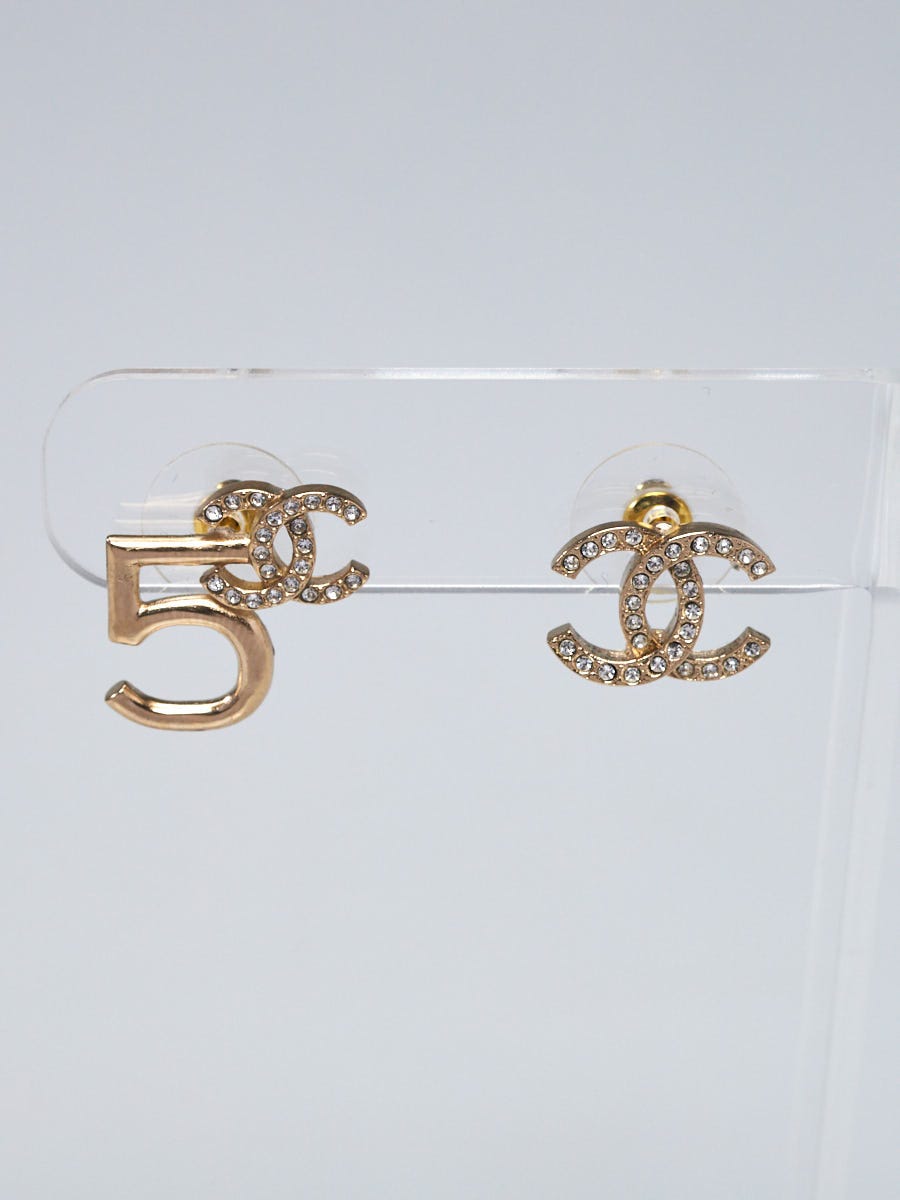 Chanel Goldtone Metal and Crystal CC No. 5 Stud Earrings - Yoogi's Closet