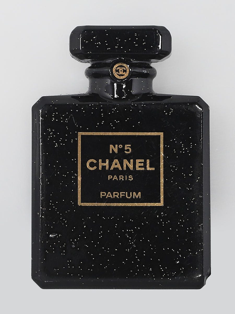 Chanel Black Glitter Resin Chanel No. 5 Parfum Brooch - RvceShops's Closet  - Chanel Pre-Owned contrasting bib button-up shirt