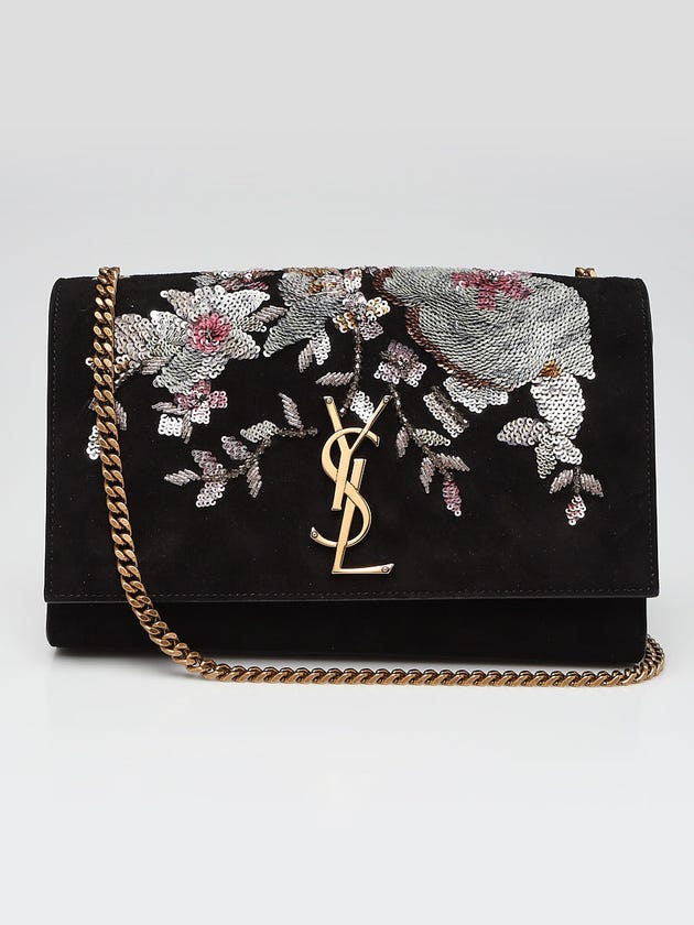 Yves Saint Laurent Black Suede Floral Sequins Monogram Medium Kate Flap Bag