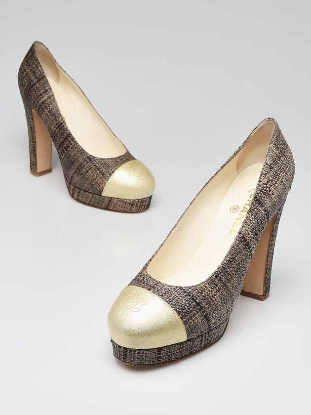 Chanel Grey Raffia and Patent Leather Cap Toe Platform Pumps Size 10.5/41