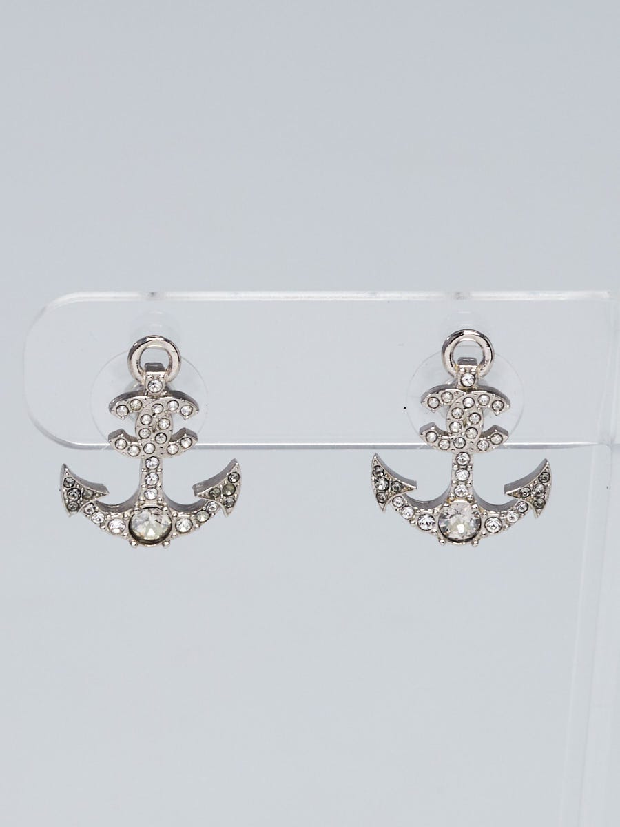Chanel Silver Metal and Crystal CC Anchor Stud Earrings - Yoogi's Closet