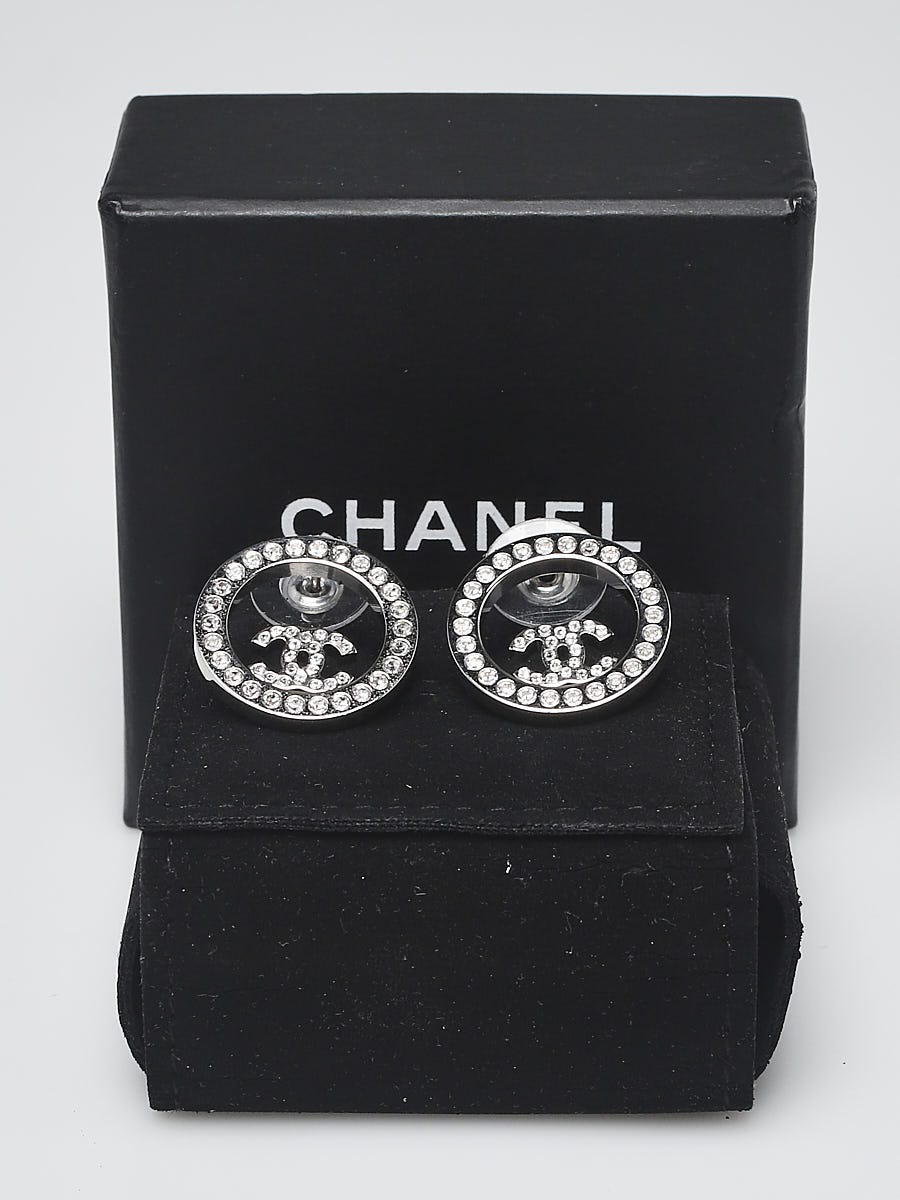 Chanel CC Floral Crystal Embellished Silver Tone Stud Earrings Chanel