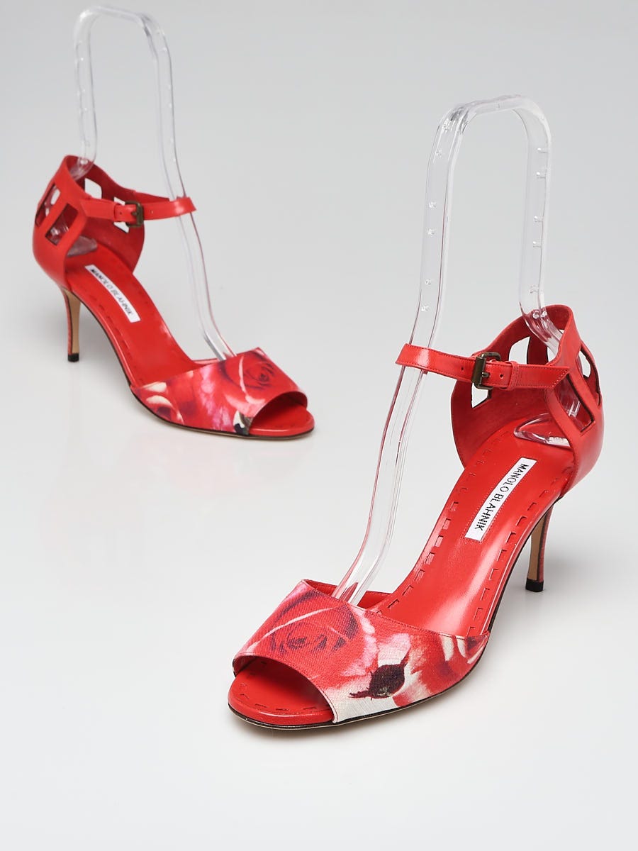Manolo Blahnik Red Floral Print Canvas Peep Toe Ankle Wrap Heels Size  9/39.5 - Yoogi's Closet