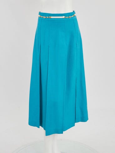 Gucci Blue Pleated Cotton Blend Double G Chain Long Skirt Size 8/42
