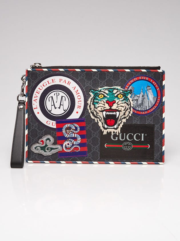 Gucci Black/Grey GG Supreme Canvas Night Courrier Zip Wristlet Clutch Bag
