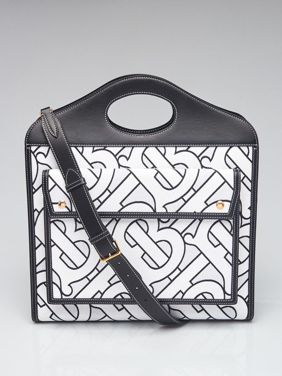 Burberry Black/White Leather/Canvas XL Monogram TB Topstitch Pocket Medium Tote  Bag - Yoogi's Closet