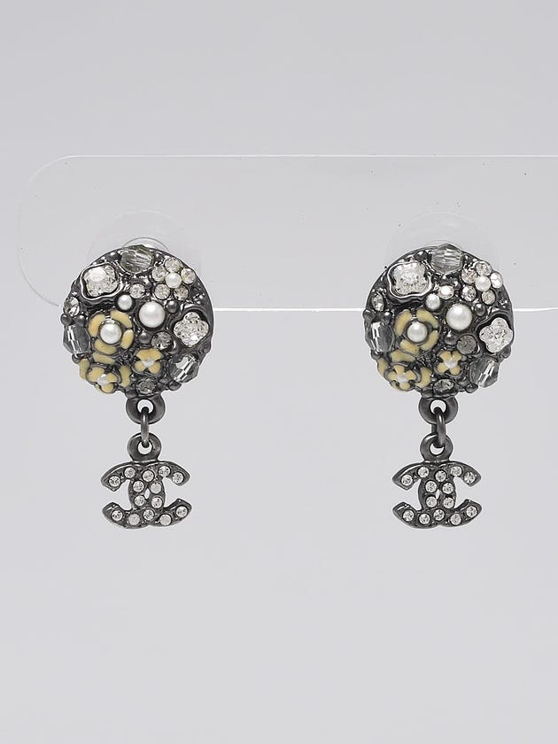 Chanel Faux Pearl and Crystal Camellia CC Logo Drop Earrings