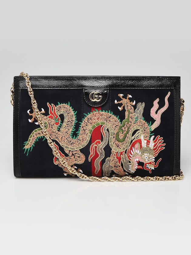 Gucci Dark Blue Suede/Patent Leather Dragon Ophidia Medium Shoulder Bag