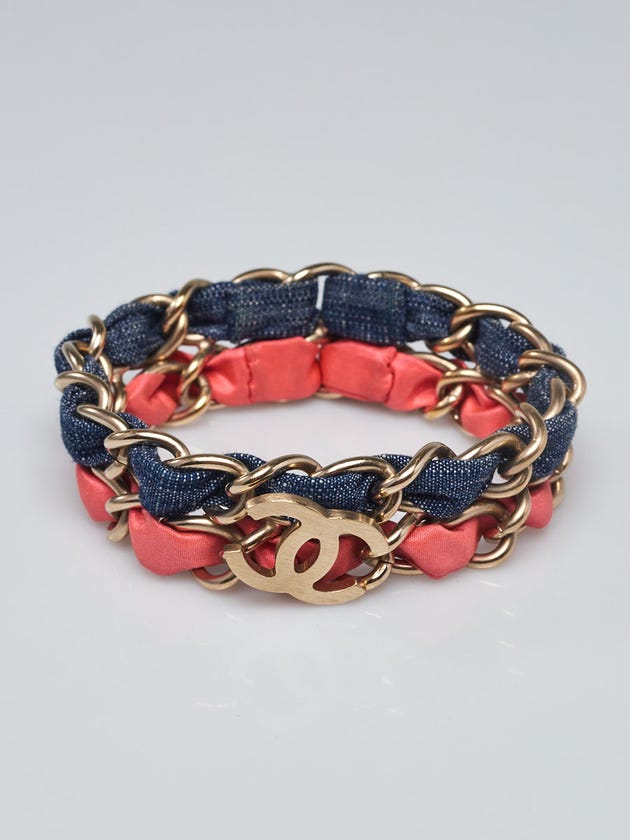 Chanel Goldtone Metal Pink and Blue Fabric Entwined Chain CC Bracelet