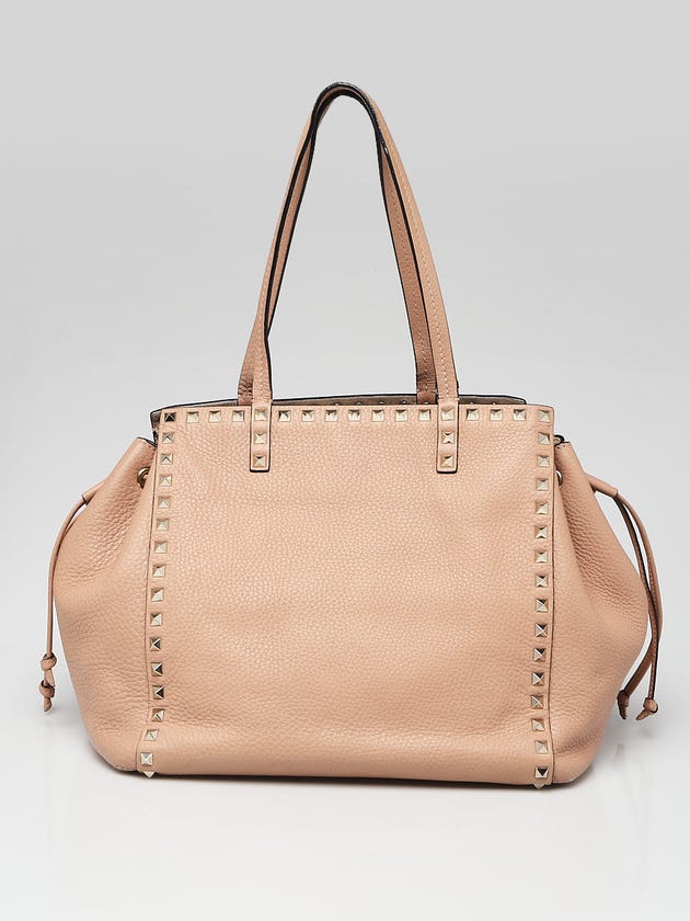 Valentino Beige Pebbled Leather Rockstud Drawstring Tote Bag