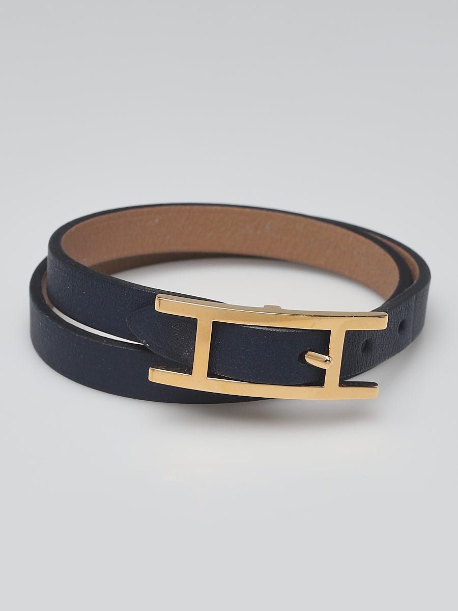 Hermes Navy/Chain Swift Leather Gold Plated BeHapi Double Tour Bracelet  Size T2 - Yoogi's Closet