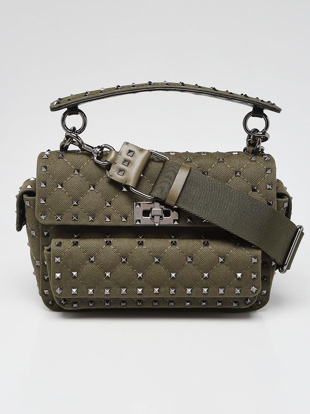 Valentino Olive Canvas Rockstud Spike Medium Shoulder Bag w/ Pockets