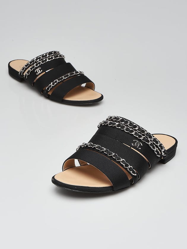 Chanel Black Grosgrain Fabric and Chain Flat Sandals Size 7/37.5