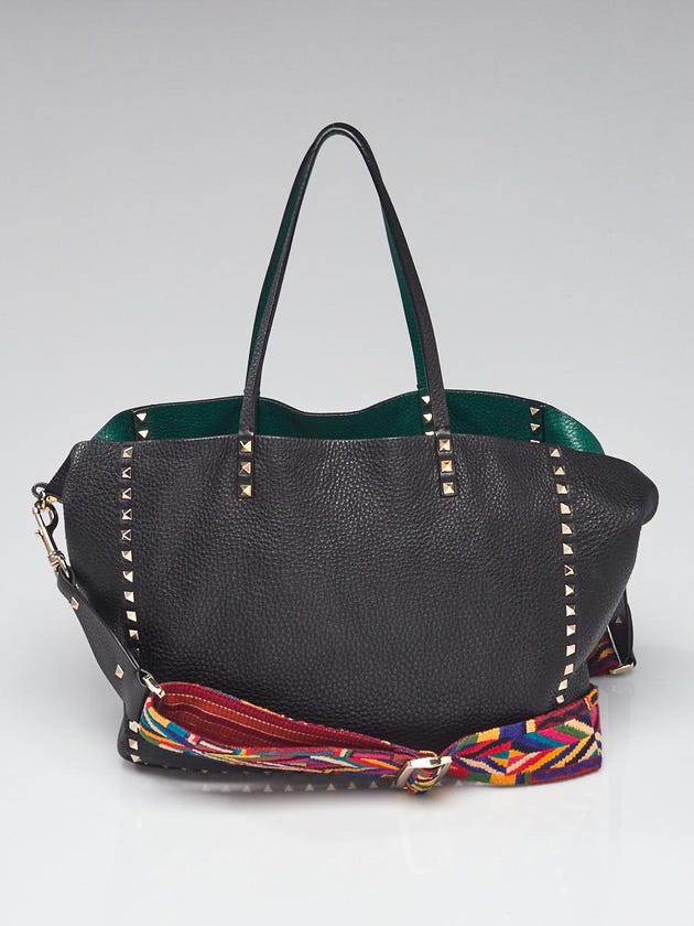Valentino Black/Green Pebbled Leather Rockstud Reversible Tote Bag