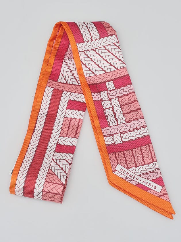 Hermes Orange/Pink Tresses H Printed Silk Twilly