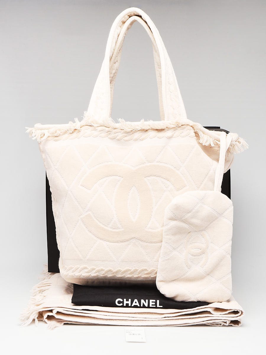 Chanel XL cotton towel terry black and white top handle beach tote