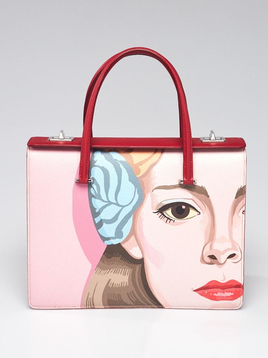 Prada Alabastro Saffiano Face Art Print Satchel Bag B2710X 