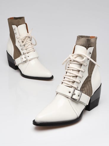 Chloe White Leather Green Knit Lace Up Rylee Ankle Boots Size 9.5/40