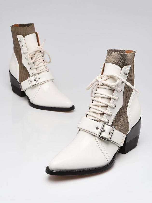 Chloe White Leather Green Knit Lace Up Rylee Ankle Boots Size 9.5/40