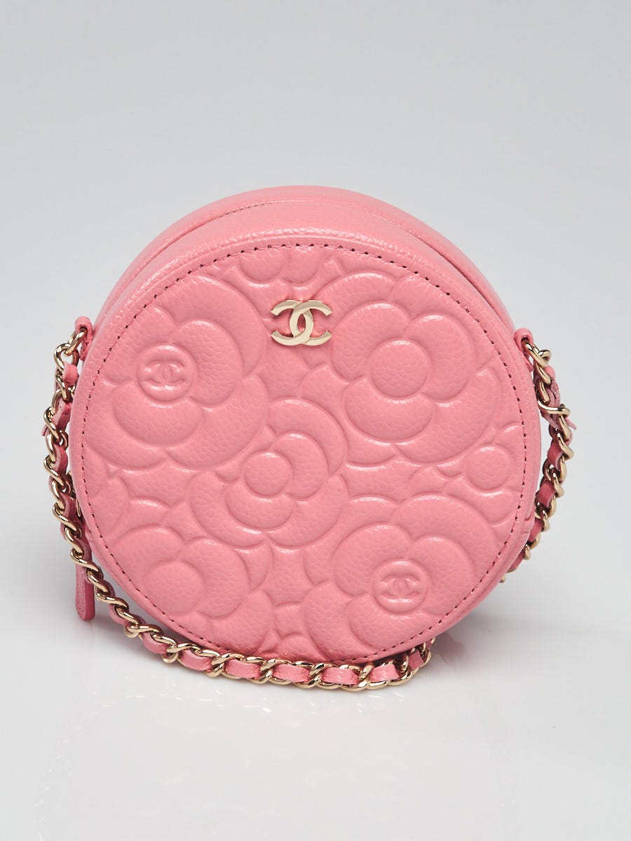 Chanel Pink Camellia Embossed Caviar Leather Round Clutch Bag