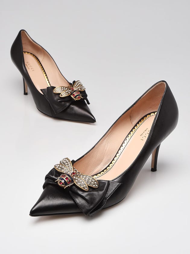 Gucci Black Leather Queen Margaret Bee Heel Pumps Size 8.5/39