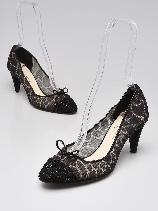 Chanel Black Mesh/Tweed Cap Toe Pumps Size 8/38.5
