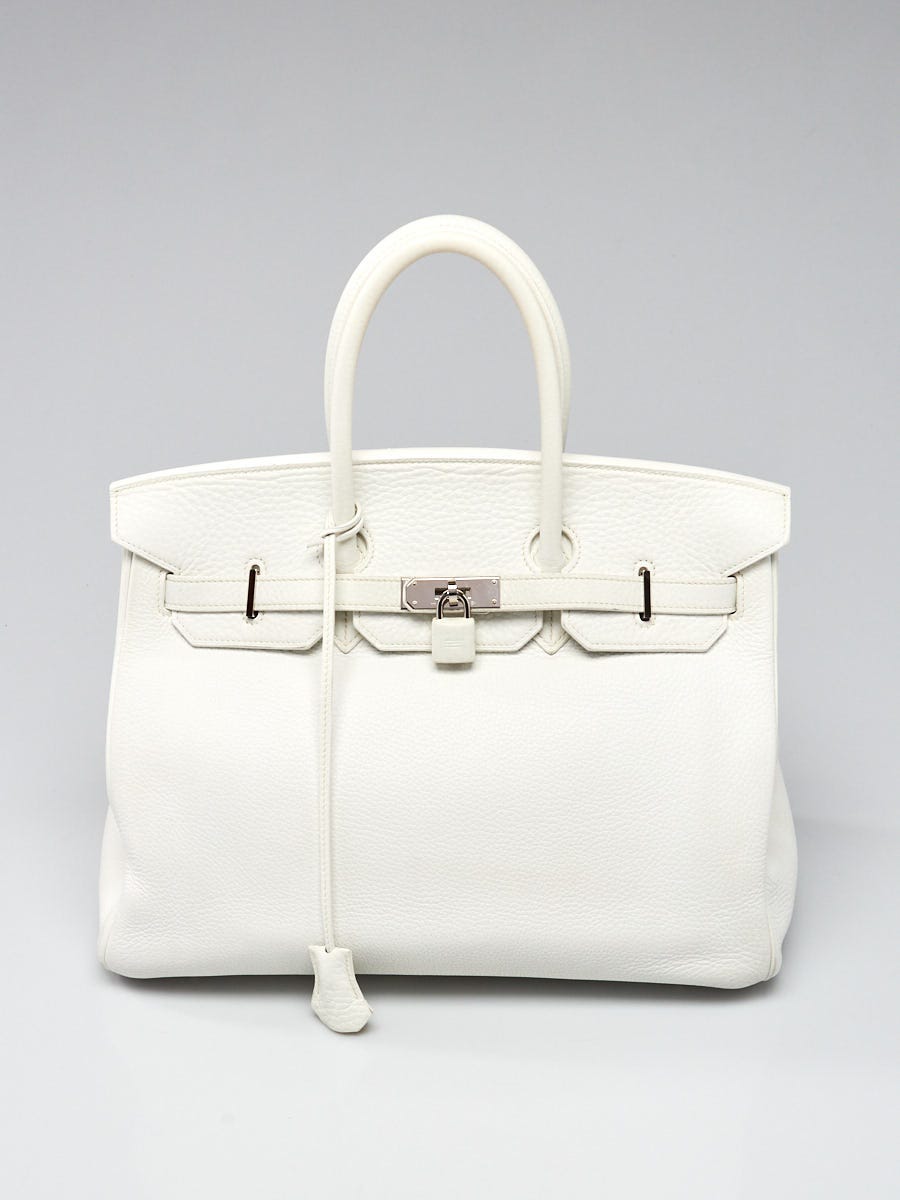 Hermes 35cm White Clemence Leather Palladium Plated Birkin Bag