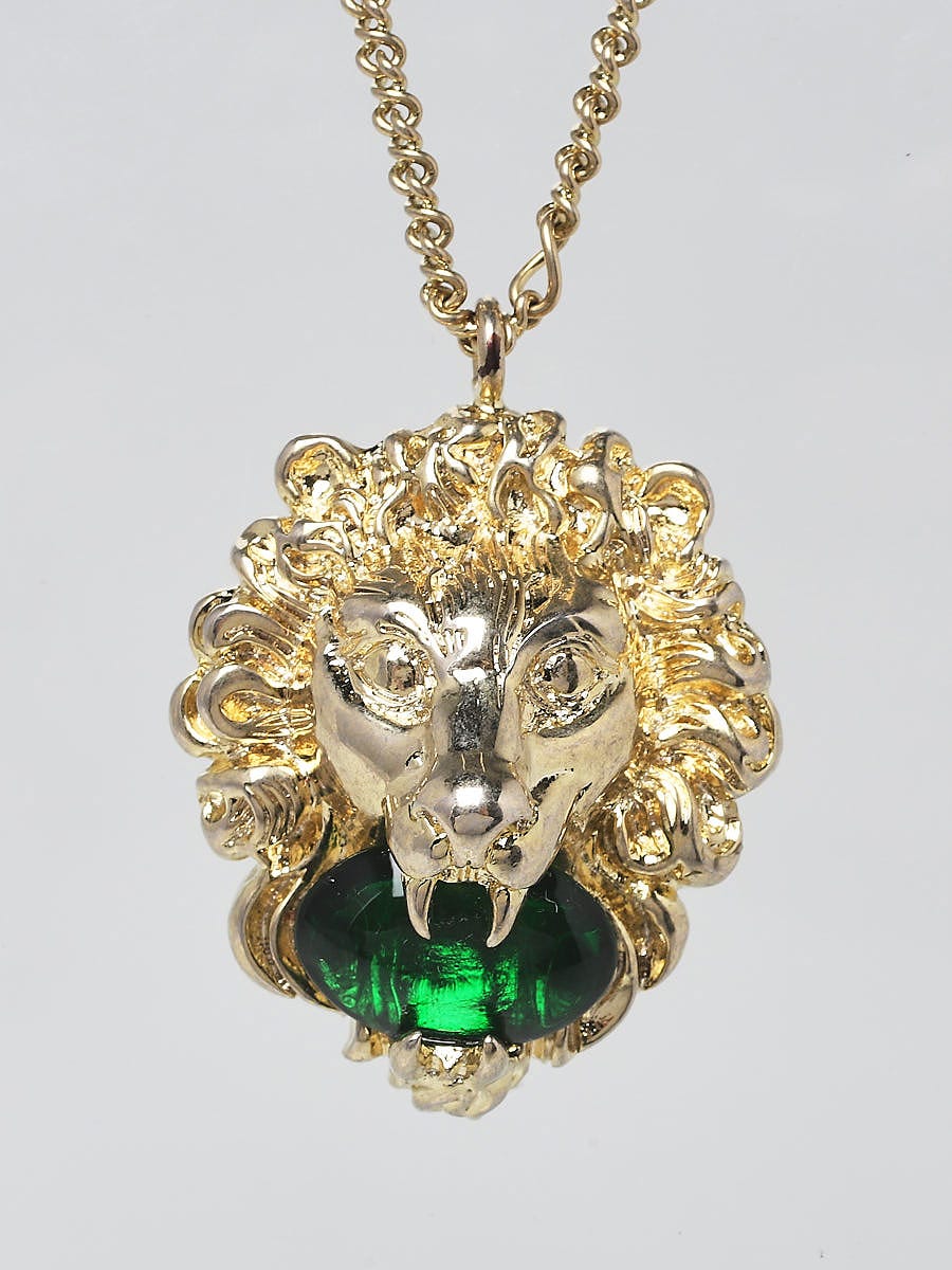Gucci Goldtone Metal Green Crystal Lion Head Necklace | Yoogi's Closet
