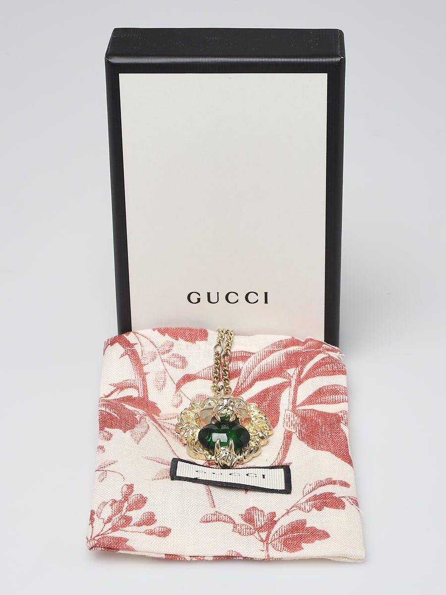 Gucci Goldtone Metal Green Crystal Lion Head Necklace | Yoogi's Closet