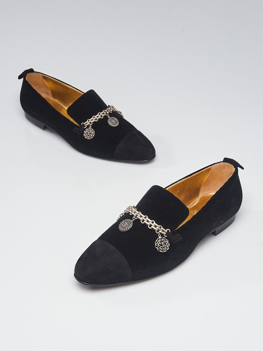 Chanel Black Velvet Cap Toe Charms Loafers Size 10.5/41 - Yoogi's Closet