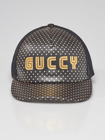 Gucci Black Leather/Mesh GUCCY Baseball Hat Size M