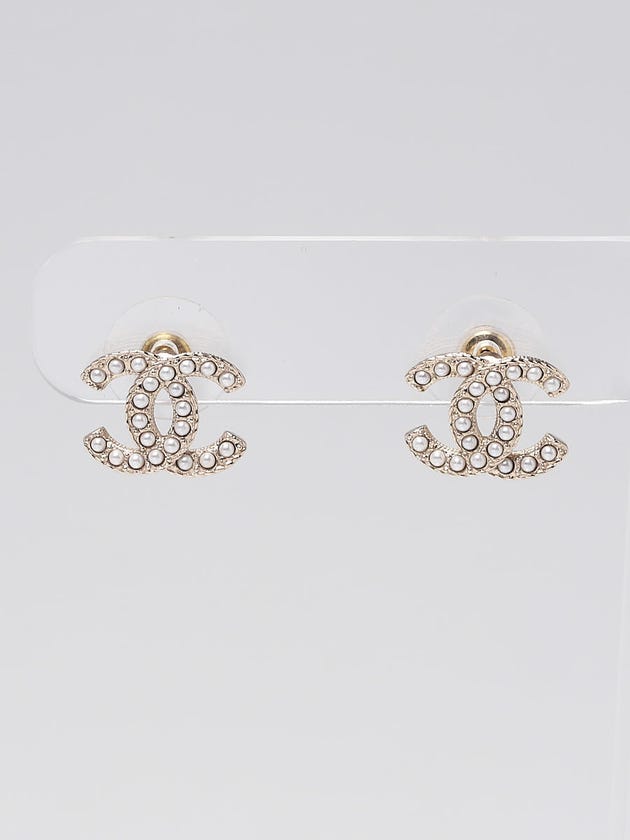 Chanel Goldtone Metal CC Faux Pearl Stud Earrings